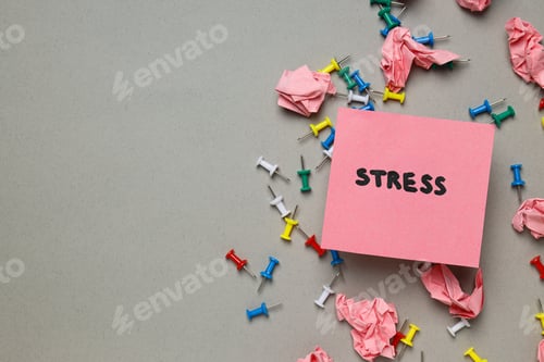 Preview: Paper, word Stress and needles on gray background, space for text