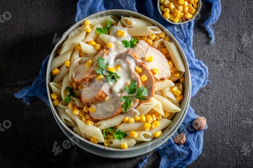 Preview: Yummy penne with chicken, corn and bechamel sauce