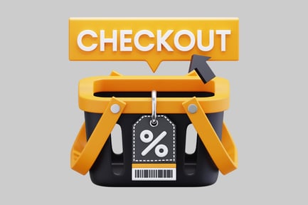 Preview: A Shopping Basket With A Discount Tag And Checkout Sign