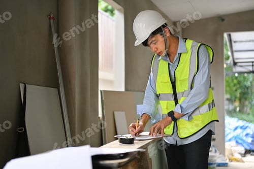 Preview: Engineer man in safety helmet and reflective jackets working with blueprints at construction site.