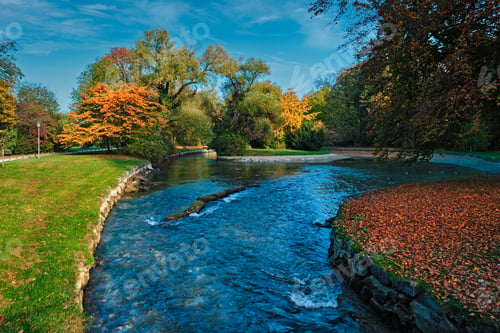Preview: Golden autumn fall October in famous Munich relax place - Englishgarten. Munchen, Bavaria, Germany