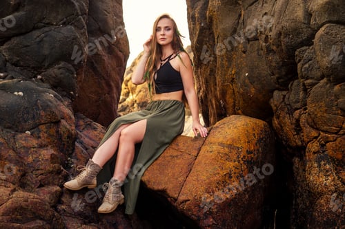 Preview: portrait of stylish elegant redheaded chestnut blonde young girl in indie bohemian