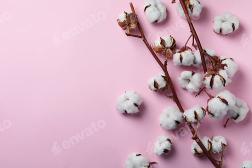 Preview: Cotton plant branches on pink background, space for text