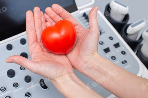 Preview: doctor holding heart near ultrasound scanning diagnostic equipment