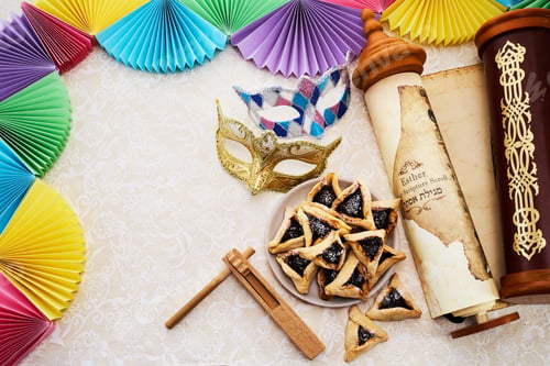 Preview: Purim Festive Setup. Colorful Purim scene with masks,