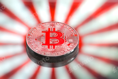 Preview: Coins Bitcoin, on a background of Japan and the Japanese flag.