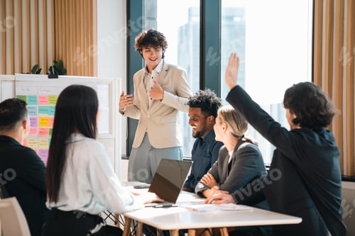 Preview: Happy business team celebrating success collaboration, teamwork achievement