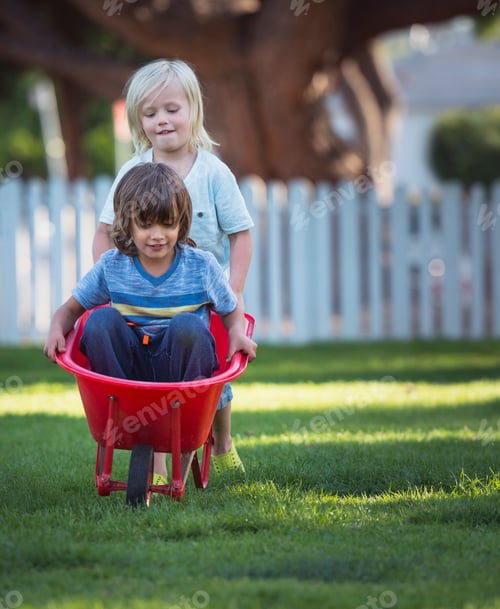 Preview: Young boy sitting in wheelbarrow, his friend pushing him