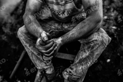 Preview: Young muscular man sitting on a wooden ladder