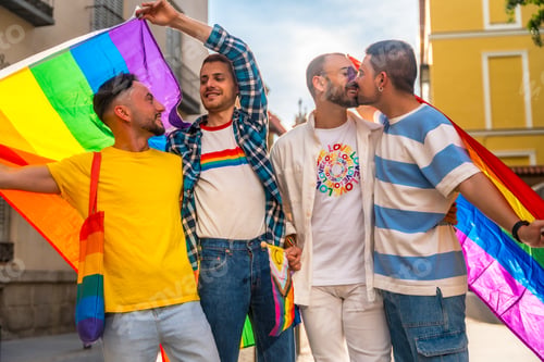 Preview: Homosexual friends having fun at gay pride party in the city, diversity of young people