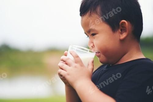 Preview: Little boy drinking milk in the park