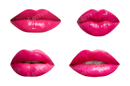 Preview: Female lips with bright pink lipstick isolated on white, collage