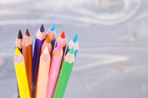 Preview: High angle view on colored pencils. Macro shot.