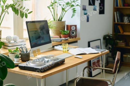 Preview: Desk of modern student or freelancer with computer monitor and turntables