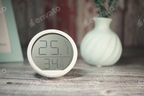Preview: Temperature and humidity display on a wooden table indoors