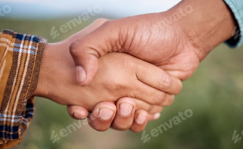 Preview: Handshake, deal and agriculture partnership at farm for sustainability contract, agreement or colla