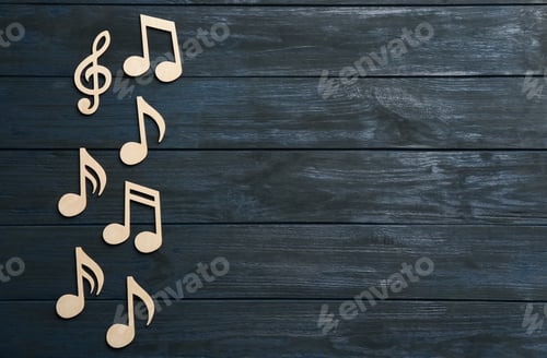 Preview: Music notes and treble clef on wooden background, top view. Space for text