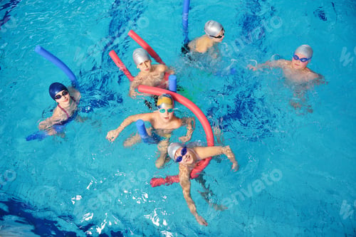 Preview: Happy Children Kids Group At Swimming Pool Class Learning To Swim