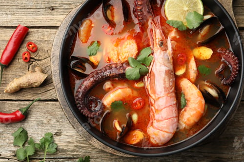 Preview: Delicious seafood soup in bowl on wooden table, flat lay