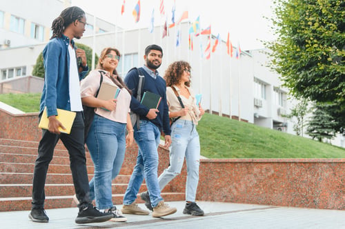 Preview: Diverse students walking on university campus together