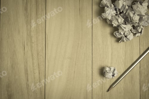 Preview: Blank Space, Pencil And Crumpled Paper On Wooden Background For Idea Concept Background
