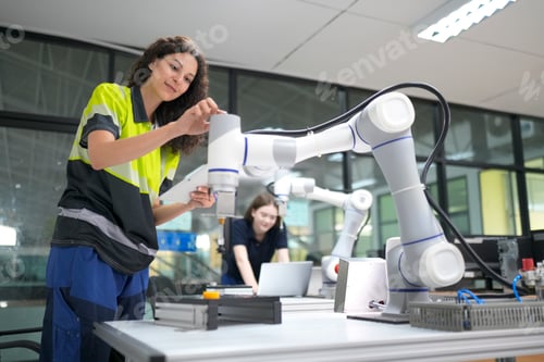 Preview: Young engineers working with robots in a laboratory during the day