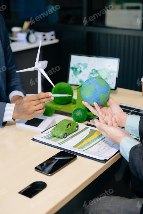 Preview: Business team people planning hand using laptop for working technology and business Net zero