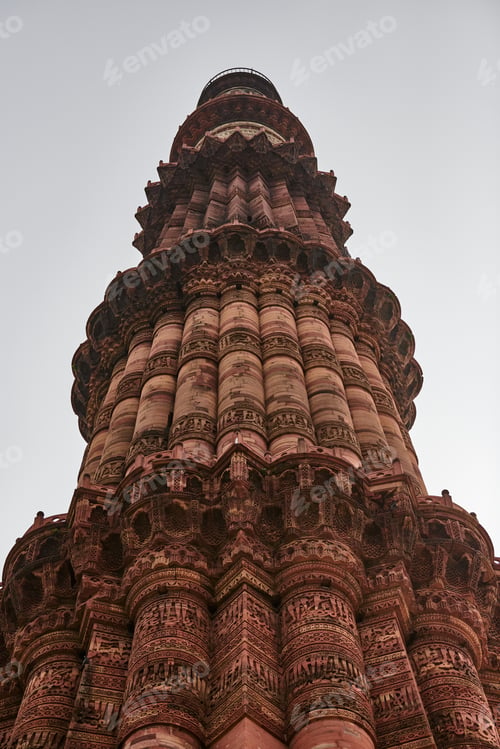 Preview: Qutb Minar minaret tower part Qutb complex in South Delhi, India, big red sandstone minaret tower