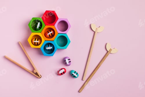 Preview: Children's wooden educational toy bees with beehives. Montessori materials