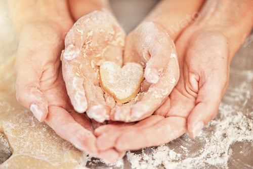 Preview: Hands, baking and heart with mother, kid and bonding together as daughter, learning or helping. Fam