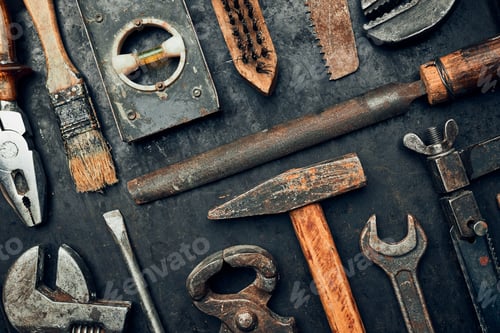 Preview: Old hardware tools. Mechanic tools for maintenance. Hardware tools to fix. Technical background