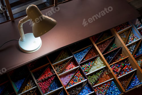 Preview: The old retro desk lamp with various colorful beads in wooden storage box on step table