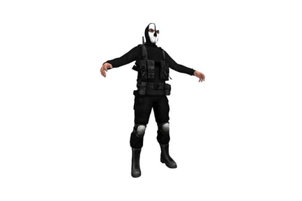 Preview: Figure with extended arms in protective gear and mask