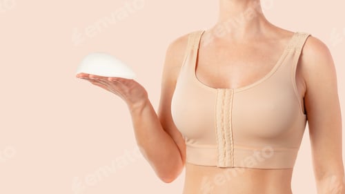 Preview: Woman wearing compressing bra after breast augmentation. Anatomical implants