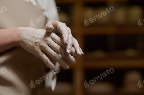 Preview: Close up of female potters hands in clay