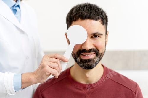 Preview: Doctor checking patient eyesight with occluder in medical clinic