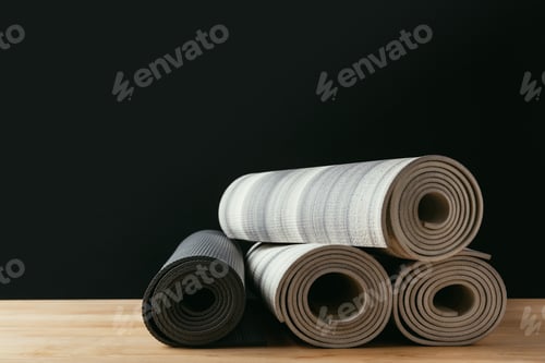 Preview: Rolled Yoga Mats on Wood Surface Against Black