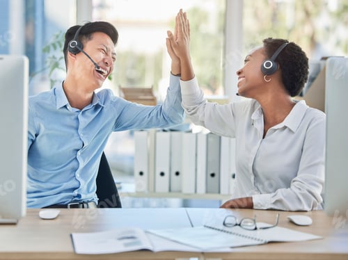 Preview: Call center, high five and teamwork success, celebration and telemarketing deal, sales target and w