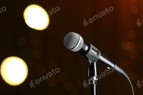 Preview: Microphone against festive lights, space for text