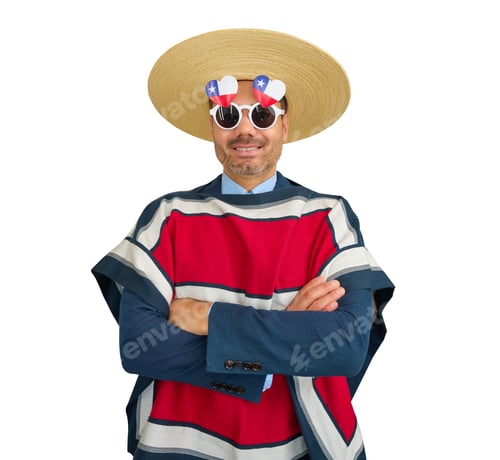 Preview: Chilean businessman wearing traditional huaso poncho and sunglasses with chilean flag
