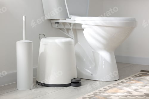 Preview: Toilet, brush and trash bin near white wall in bathroom