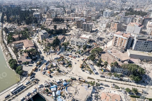 Preview: Turkey earthquake aerial view. Aerial view of collapsed buildings in Hatay