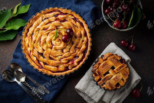 Preview: Homemade open cherry pie with lattice on a dark concrete background. Selective focus. Top view