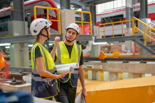 Preview: Side view of train factory workers man and woman discuss about work in workplace of maintenance part