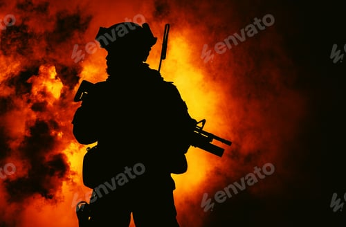 Preview: Soldier silhouette on background of fire explosion