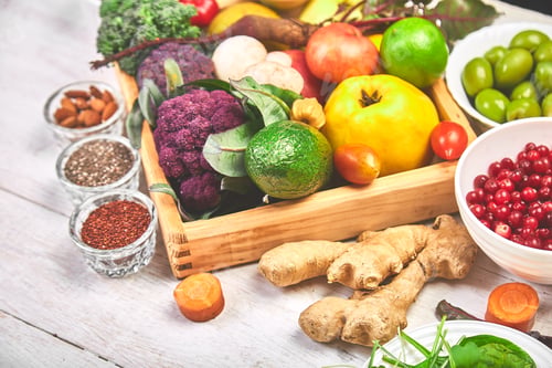 Preview: Selection of superfoods on white wooden background.