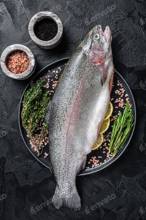 Preview: Raw Sea trout, fresh fish on a plate with herbs. Black background. Top view