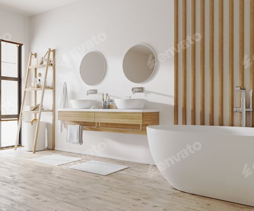 Preview: Stylish bathroom interior with modern tub, wooden ladder with bath accessories and beautiful decor
