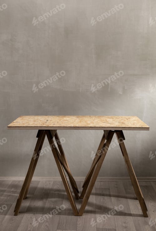 Preview: Wooden osb table top background texture. Wood tabletop front view