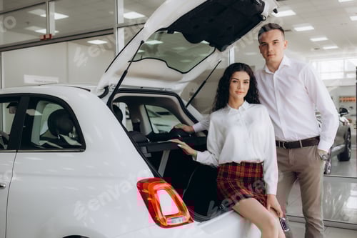 Visualização: Lindo jovem casal no showroom de automóveis escolhendo um carro novo para comprar.